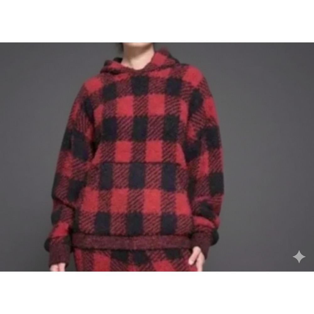 New SKIMS COZY KNIT HOODIE S/M NWT BRICK BUFFALO CHECK Red Black Oversized S M